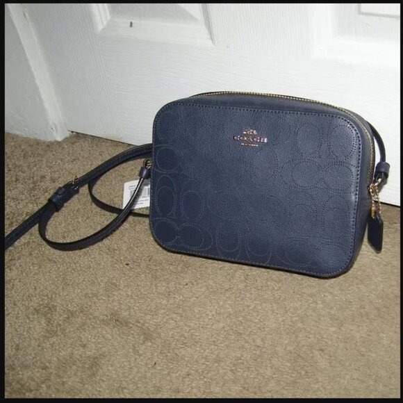 💙 NWOT Coach Navy Blue Perforated Leather Camera Bag Crossbody - Picture 2 of 9